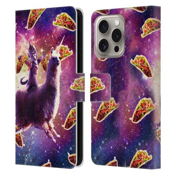 Random Galaxy Space Llama Warrior Cat & Tacos Leather Book Wallet Case Cover For Apple iPhone 16 Pro