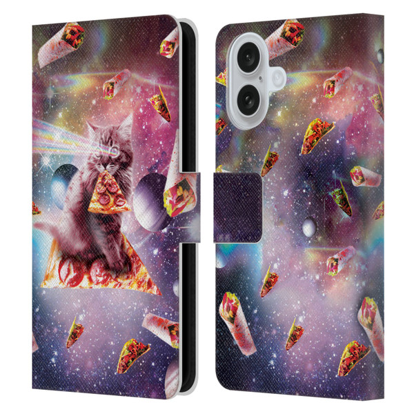Random Galaxy Space Pizza Ride Outer Space Lazer Cat Leather Book Wallet Case Cover For Apple iPhone 16
