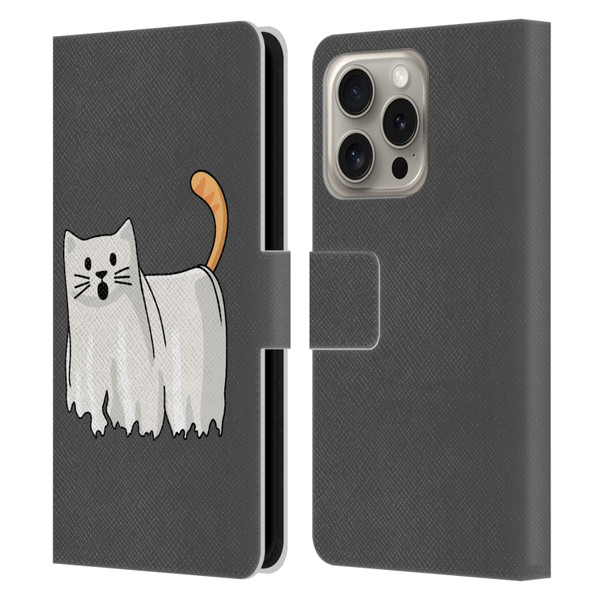 Beth Wilson Doodle Cats 2 Halloween Ghost Leather Book Wallet Case Cover For Apple iPhone 16 Pro