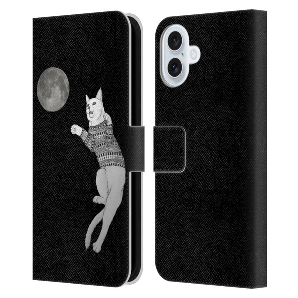 Barruf Animals Cat-ch The Moon Leather Book Wallet Case Cover For Apple iPhone 16 Plus