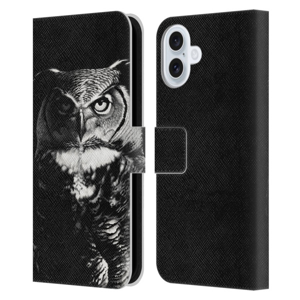 Stanley Morrison Black And White Great Horned Owl Leather Book Wallet Case Cover For Apple iPhone 16 Plus