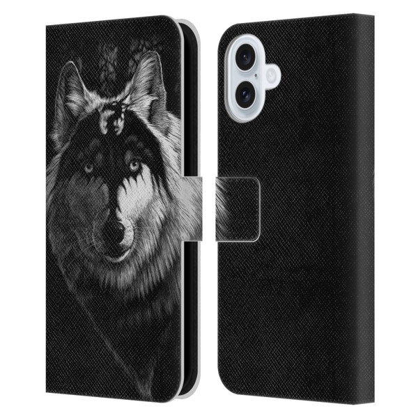 Stanley Morrison Black And White Gray Wolf With Dragon Marking Leather Book Wallet Case Cover For Apple iPhone 16 Plus