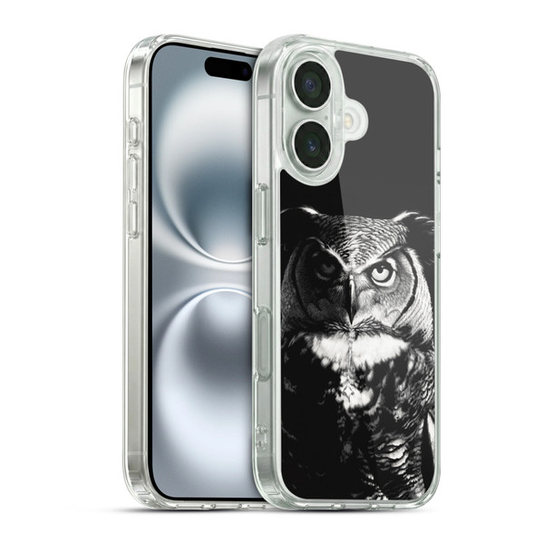 Stanley Morrison Black And White Great Horned Owl Soft Gel Case for Apple iPhone 16 & MagSafe