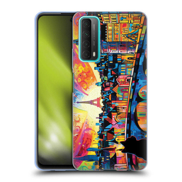 Michael David Ward Psychedelic Art Midnight Cat In Paris Soft Gel Case for Huawei P Smart (2021)