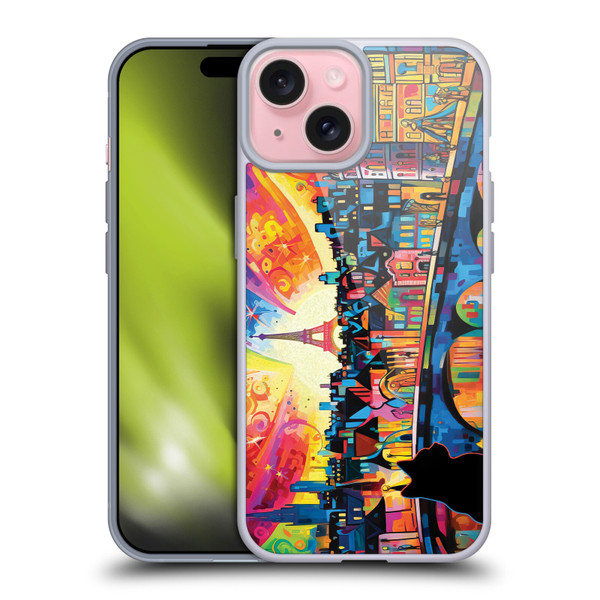 Michael David Ward Psychedelic Art Midnight Cat In Paris Soft Gel Case for Apple iPhone 15