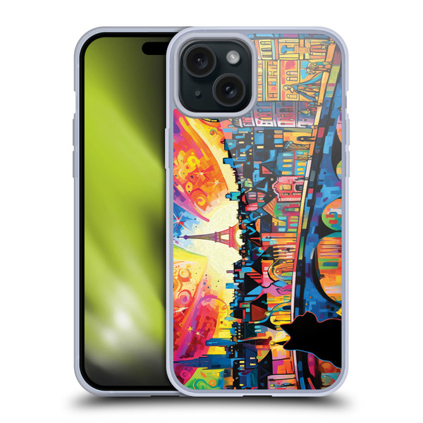 Michael David Ward Psychedelic Art Midnight Cat In Paris Soft Gel Case for Apple iPhone 15 Plus