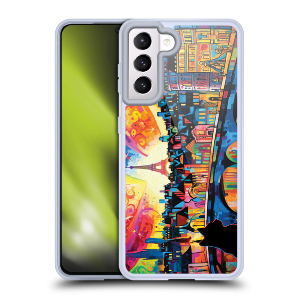 Michael David Ward Psychedelic Art Midnight Cat In Paris Soft Gel Case for Samsung Galaxy S21 5G