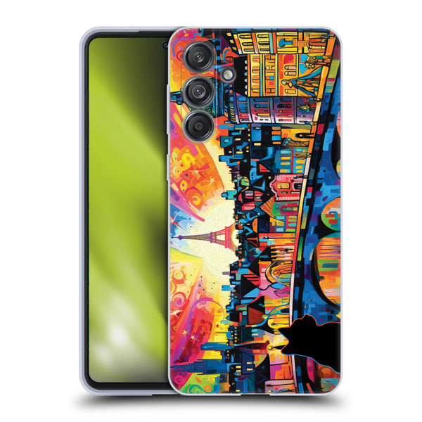 Michael David Ward Psychedelic Art Midnight Cat In Paris Soft Gel Case for Samsung Galaxy M55 5G