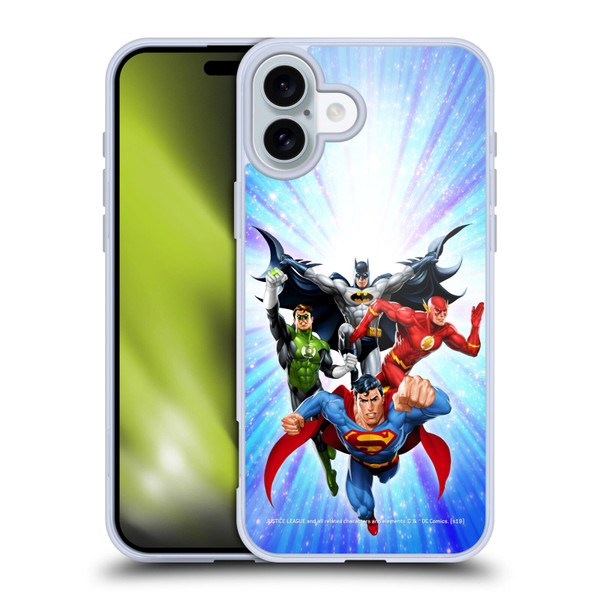 Justice League DC Comics Airbrushed Heroes Blue Purple Soft Gel Case for Apple iPhone 16 Plus
