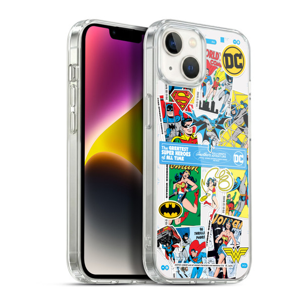 Justice League DC Comics 90th Anniversary Sticker Collage Soft Gel Case for Apple iPhone 14 Plus & MagSafe