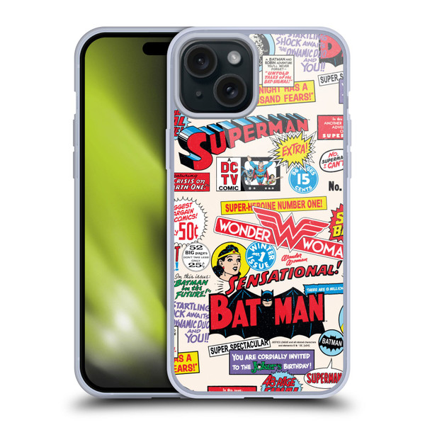 Justice League DC Comics 90th Anniversary Logo Pattern Soft Gel Case for Apple iPhone 15 Plus