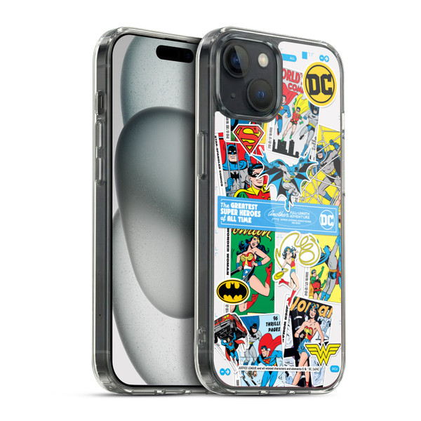 Justice League DC Comics 90th Anniversary Sticker Collage Soft Gel Case for Apple iPhone 15 Plus & MagSafe