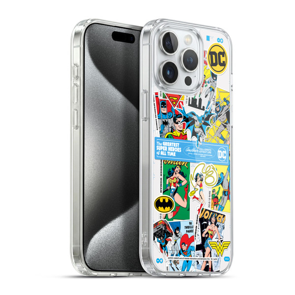 Justice League DC Comics 90th Anniversary Sticker Collage Soft Gel Case for Apple iPhone 15 Pro Max & MagSafe