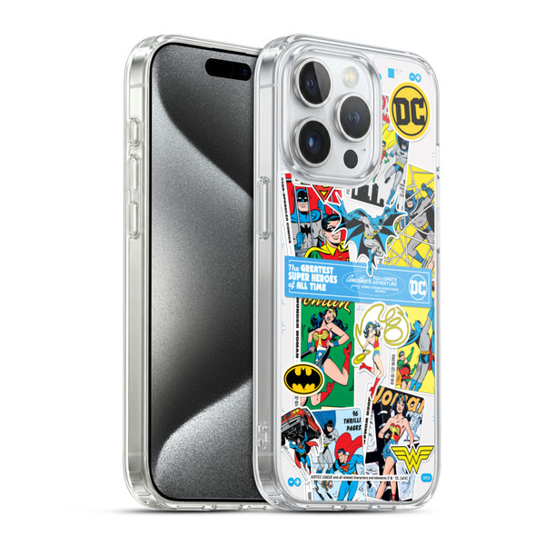 Justice League DC Comics 90th Anniversary Sticker Collage Soft Gel Case for Apple iPhone 15 Pro & MagSafe