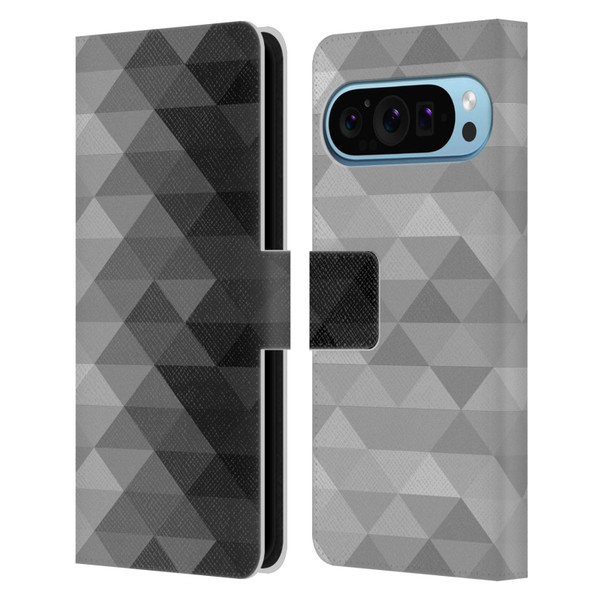 PLdesign Geometric Grayscale Triangle Leather Book Wallet Case Cover For Google Pixel 9 / Pixel 9 Pro