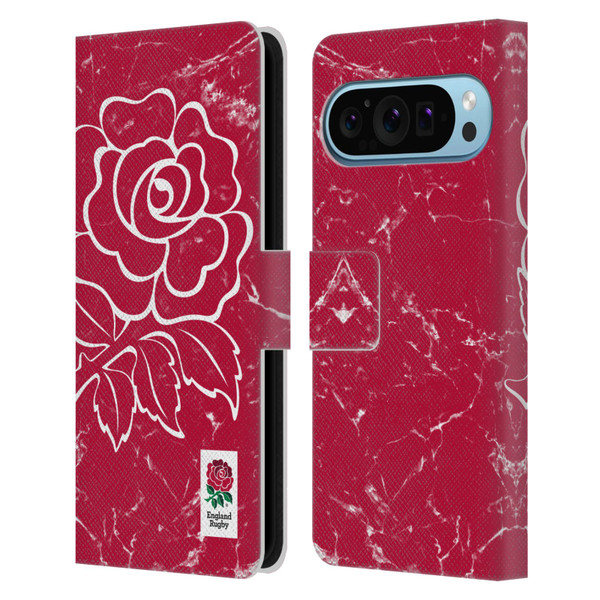 England Rugby Union Marble Red Leather Book Wallet Case Cover For Google Pixel 9 / Pixel 9 Pro
