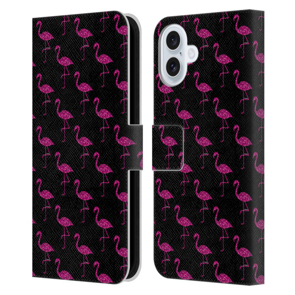 PLdesign Sparkly Flamingo Pink Pattern On Black Leather Book Wallet Case Cover For Apple iPhone 16 Plus
