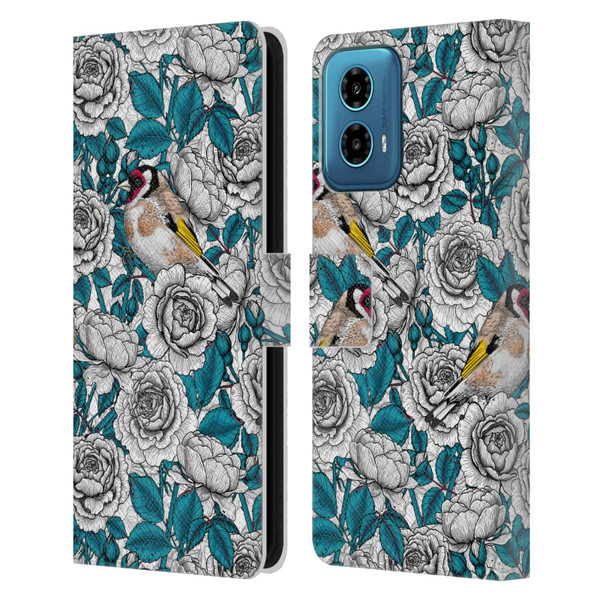 Katerina Kirilova Floral Patterns White Rose & Birds Leather Book Wallet Case Cover For Motorola Moto G34 5G