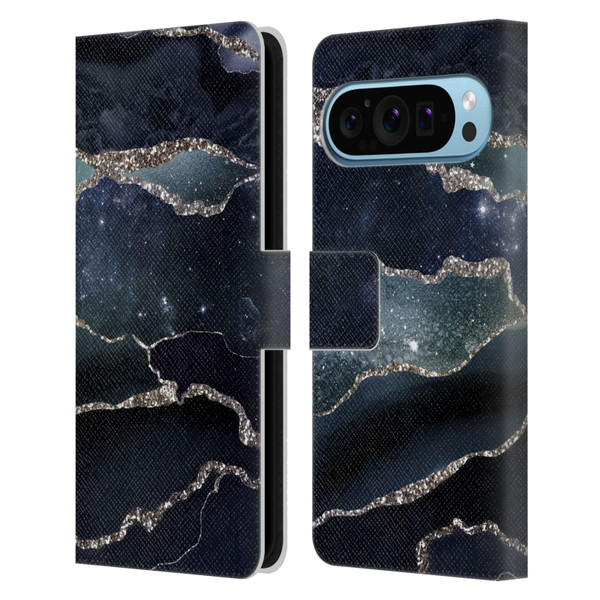 UtArt Dark Night Marble Silver Midnight Sky Leather Book Wallet Case Cover For Google Pixel 9 / Pixel 9 Pro