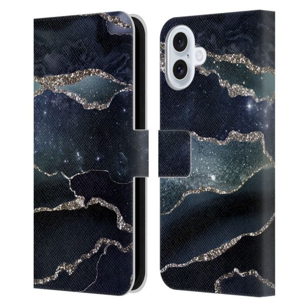 UtArt Dark Night Marble Silver Midnight Sky Leather Book Wallet Case Cover For Apple iPhone 16 Plus