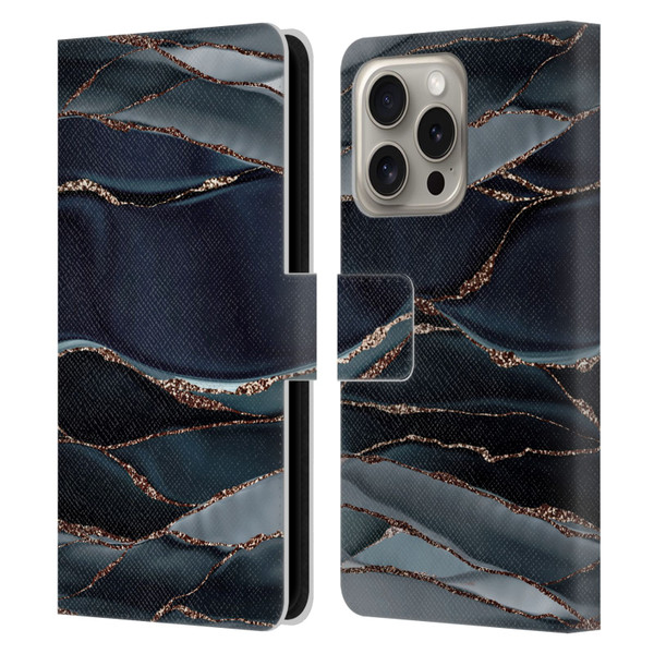 UtArt Dark Night Marble Waves Leather Book Wallet Case Cover For Apple iPhone 16 Pro