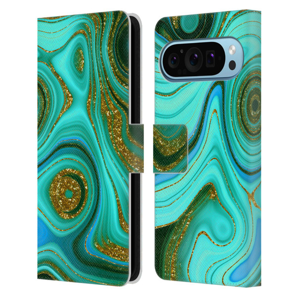 UtArt Malachite Emerald Liquid Gem Leather Book Wallet Case Cover For Google Pixel 9 / Pixel 9 Pro