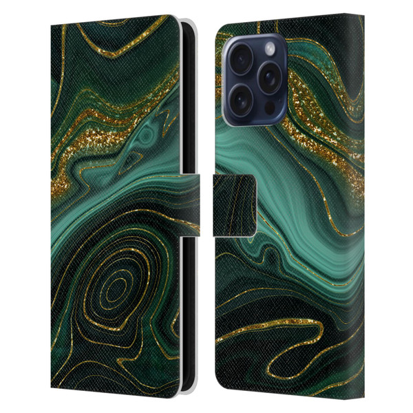 UtArt Malachite Emerald Gilded Teal Leather Book Wallet Case Cover For Apple iPhone 16 Pro Max