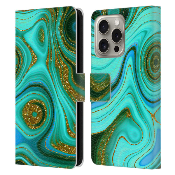UtArt Malachite Emerald Liquid Gem Leather Book Wallet Case Cover For Apple iPhone 16 Pro