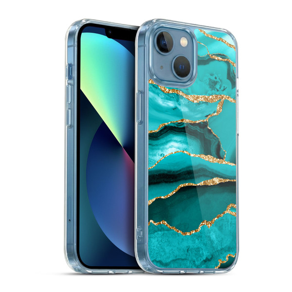 UtArt Malachite Emerald Aquamarine Gold Waves Soft Gel Case for Apple iPhone 13 Mini & MagSafe