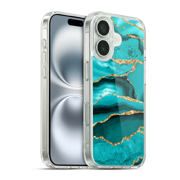 UtArt Malachite Emerald Aquamarine Gold Waves Soft Gel Case for Apple iPhone 16 & MagSafe