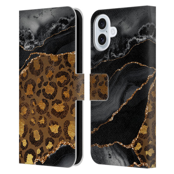 UtArt Wild Cat Marble Dark Gilded Leopard Leather Book Wallet Case Cover For Apple iPhone 16 Plus