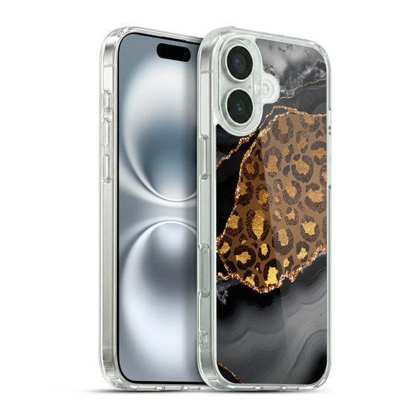 UtArt Wild Cat Marble Dark Gilded Leopard Soft Gel Case for Apple iPhone 16 Plus & MagSafe