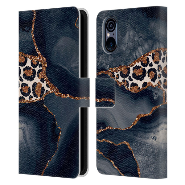 UtArt Wild Cat Marble Leopard Leather Book Wallet Case Cover For Sony Xperia 5 V 5G