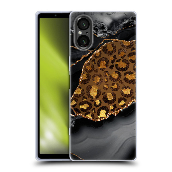 UtArt Wild Cat Marble Dark Gilded Leopard Soft Gel Case for Sony Xperia 5 V 5G