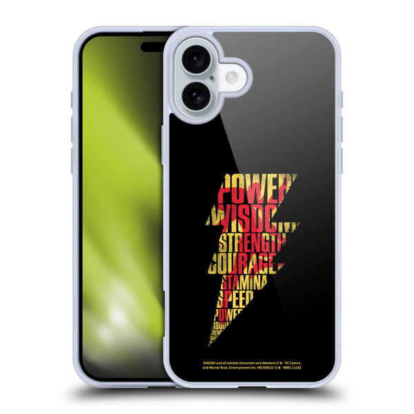 Shazam! 2019 Movie Logos Distressed Look Lightning Soft Gel Case for Apple iPhone 16 Plus