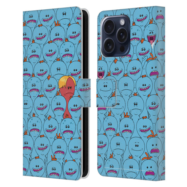 Rick And Morty Season 4 Graphics Mr. Meeseeks Pattern Leather Book Wallet Case Cover For Apple iPhone 16 Pro Max
