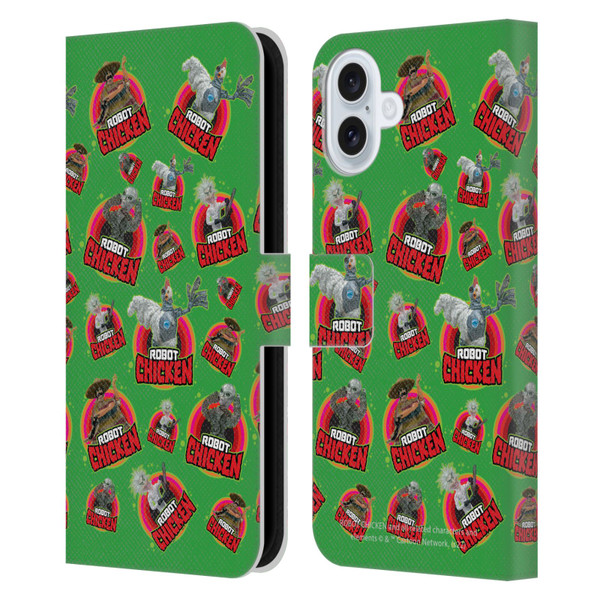 Robot Chicken Graphics Icons Leather Book Wallet Case Cover For Apple iPhone 16 Plus