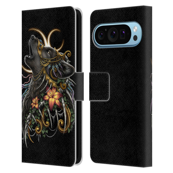 Sarah Richter Animals Gothic Black Howling Wolf Leather Book Wallet Case Cover For Google Pixel 9 / Pixel 9 Pro