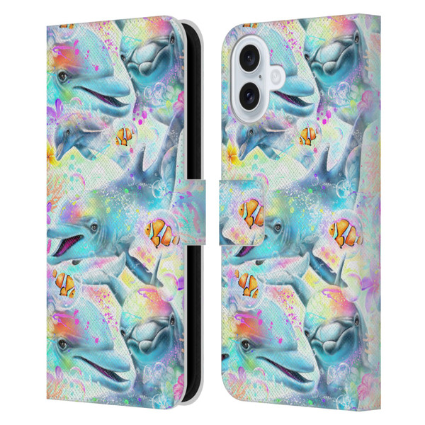 Sheena Pike Animals Rainbow Dolphins & Fish Leather Book Wallet Case Cover For Apple iPhone 16 Plus