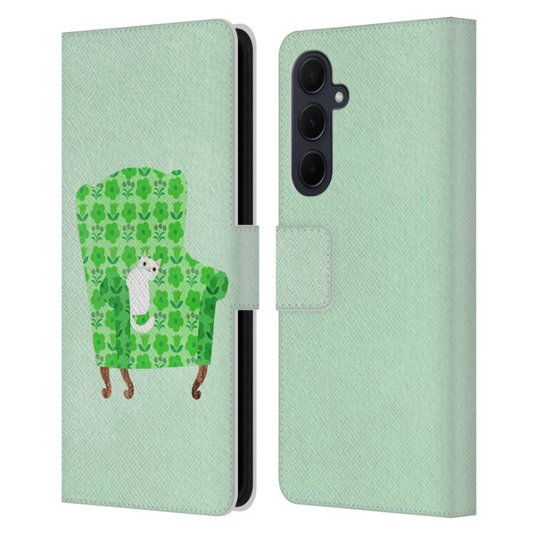 Planet Cat Arm Chair Spring Green Chair Cat Leather Book Wallet Case Cover For Samsung Galaxy A35 5G