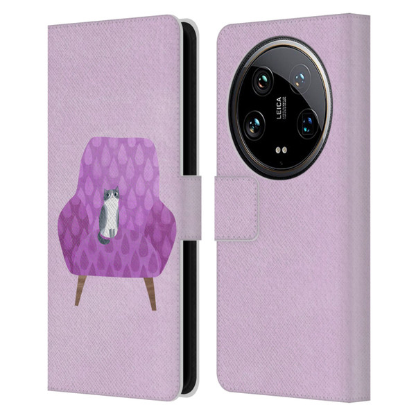 Planet Cat Arm Chair Lilac Chair Cat Leather Book Wallet Case Cover For Xiaomi 14 Ultra