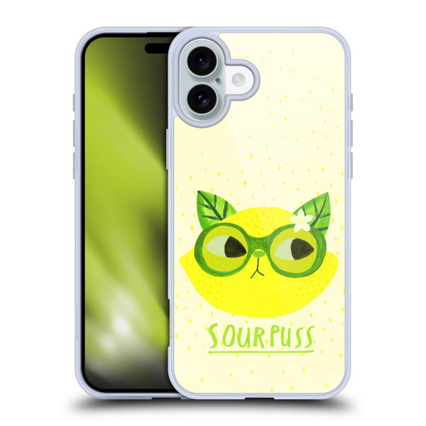 Planet Cat Puns Sour Puss Soft Gel Case for Apple iPhone 16 Plus