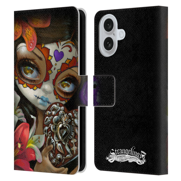 Strangeling Art Day of Dead Heart Charm Leather Book Wallet Case Cover For Apple iPhone 16