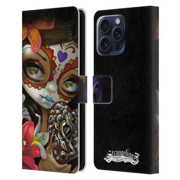 Strangeling Art Day of Dead Heart Charm Leather Book Wallet Case Cover For Apple iPhone 16 Pro Max