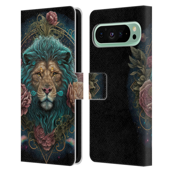 Spacescapes Floral Lions Aqua Mane Leather Book Wallet Case Cover For Google Pixel 9 Pro XL