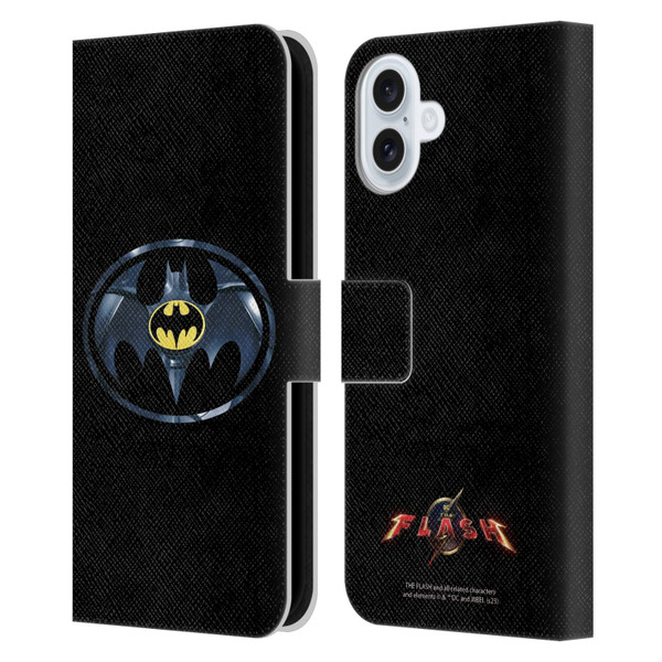 The Flash 2023 Graphics Black Batman Logo Leather Book Wallet Case Cover For Apple iPhone 16 Plus
