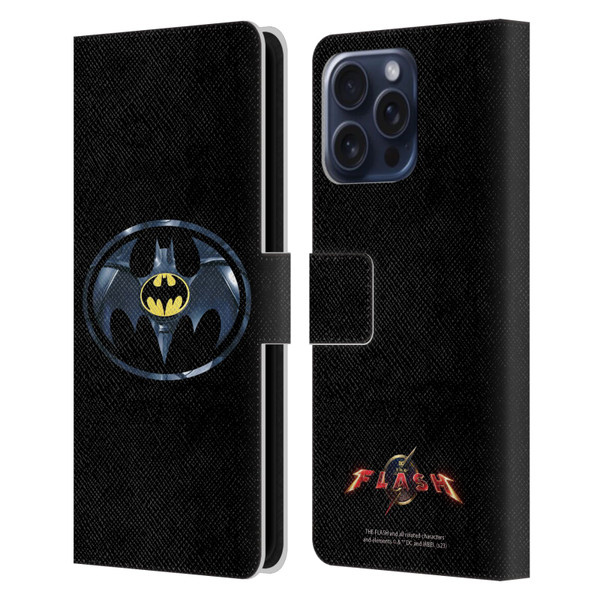 The Flash 2023 Graphics Black Batman Logo Leather Book Wallet Case Cover For Apple iPhone 16 Pro Max