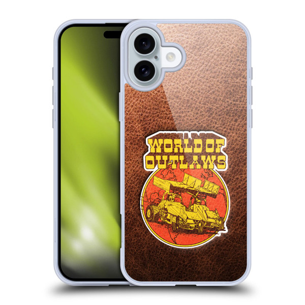 World of Outlaws Western Graphics Sprint Car Leather Print Soft Gel Case for Apple iPhone 16 Plus