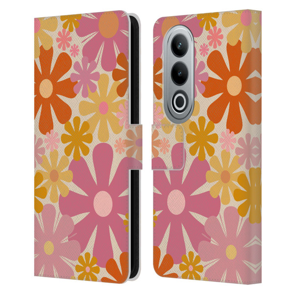 Kierkegaard Design Studio Retro Abstract Patterns Pink Orange Thulian Flowers Leather Book Wallet Case Cover For OPPO OnePlus Ace 3V 5G
