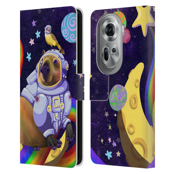 Carla Morrow Rainbow Animals Capybara Sitting On A Moon Leather Book Wallet Case Cover For OPPO Reno11 Pro
